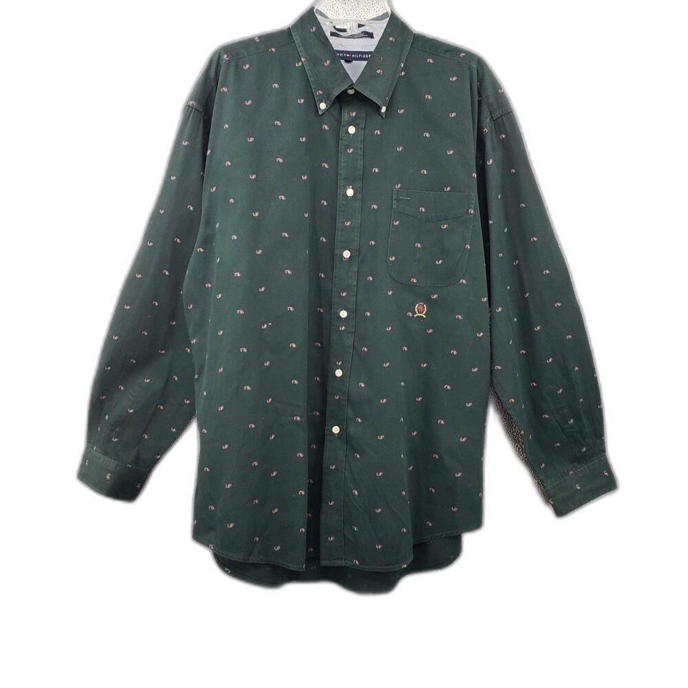 Vtg Y2K Tommy Hilfiger Crested Button Up Shirt Men's XL Green Paisley Streetwear